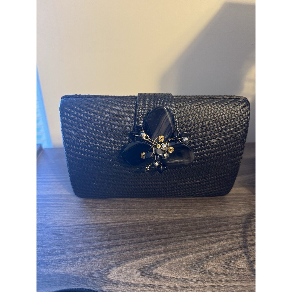 Black Woven Clutch Purse With Stone Accents Evening Bag~ Formal Event ~ Wedding